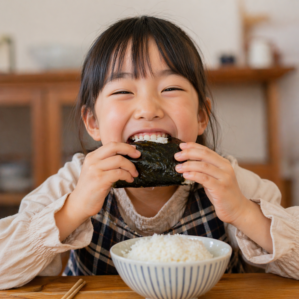 大きな口で海苔を食べる子供